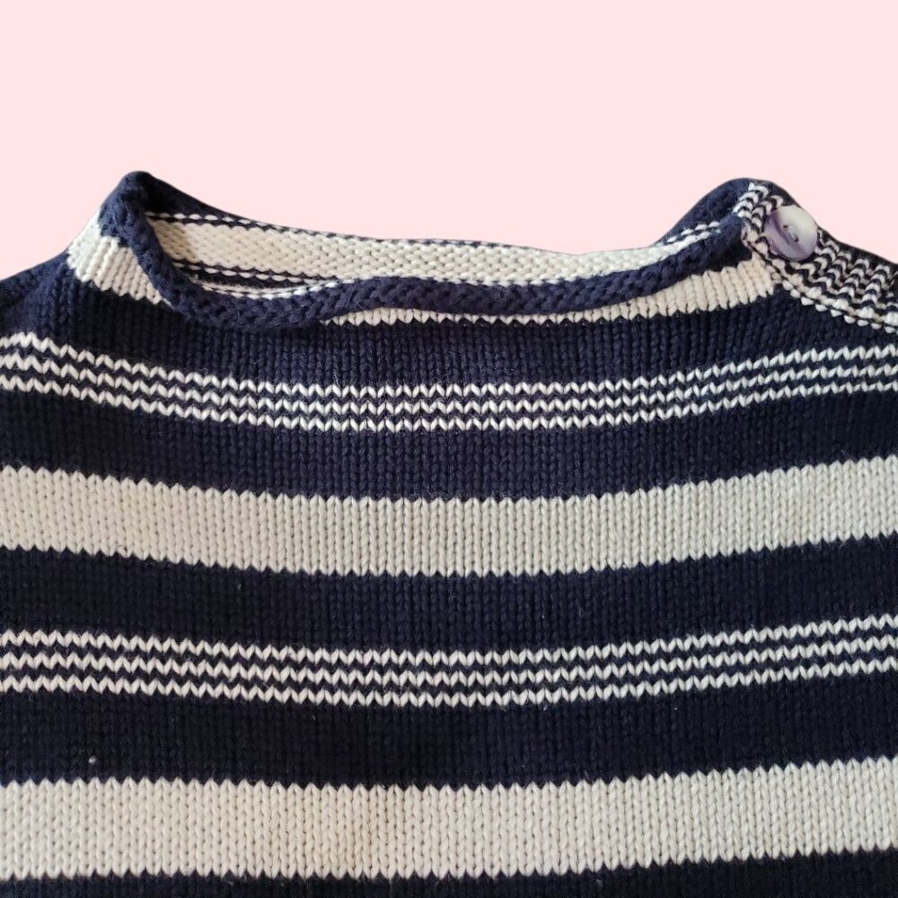 Laura Ashley Navy & White Striped Cotton Sweater Button Shoulder Womens Medium - Picture 10 of 12